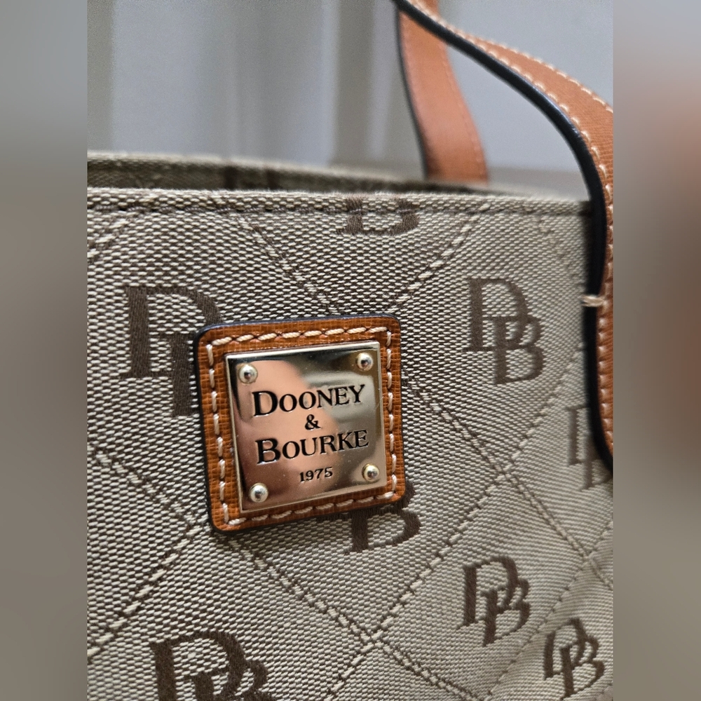 Dooney & Bourke Beige and Brown Logo Tote - Picture 3 of 13